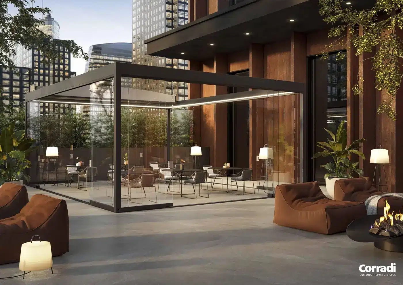 a glass covered patio with chairs and tables in front of a building