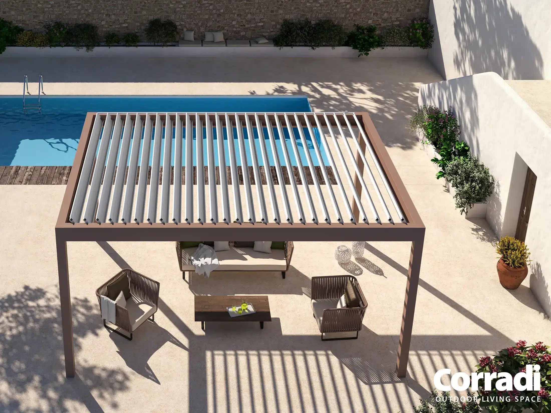 a patio with a pool and a pergola